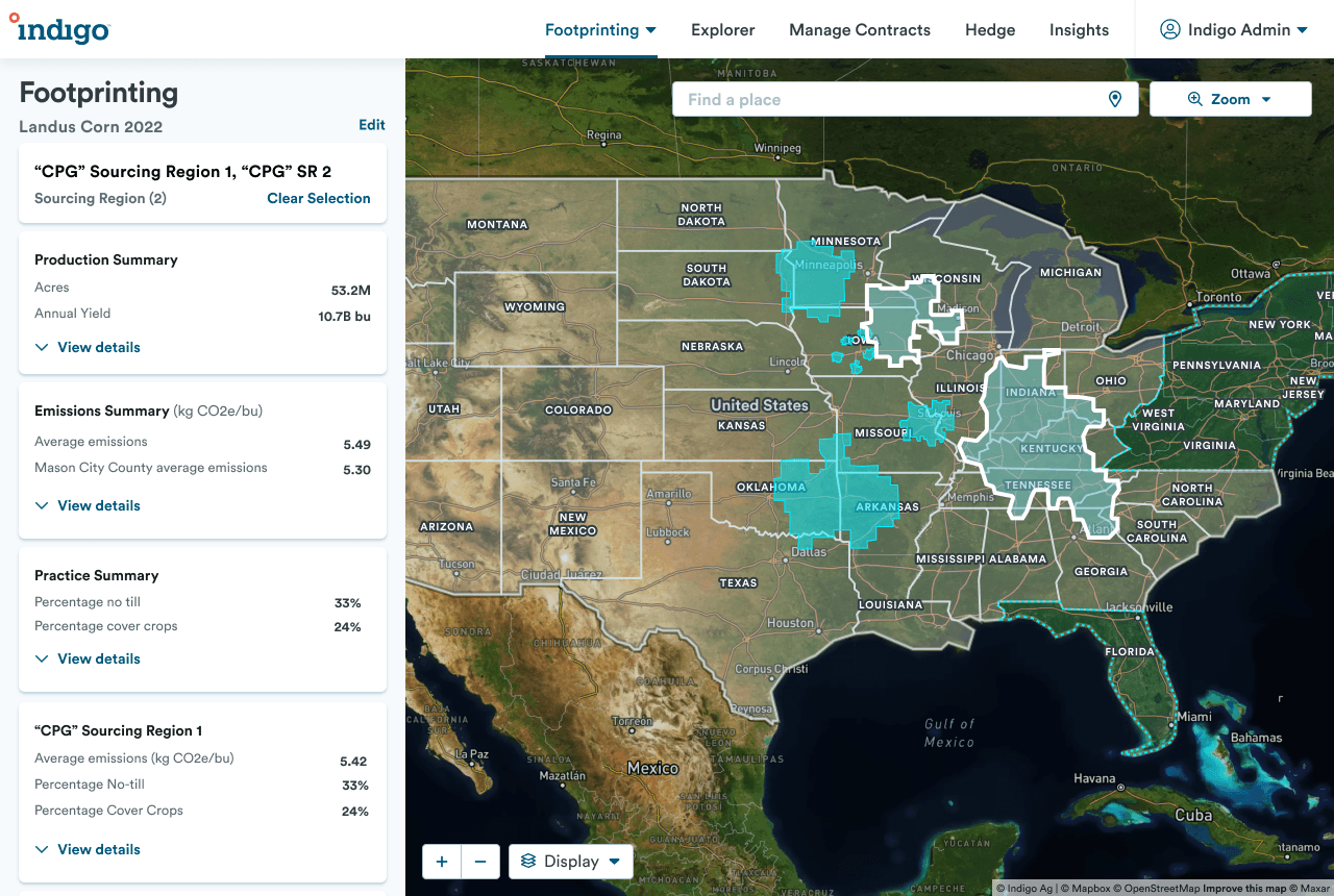 Indigo Footprinting product UI - a US map with crop sourcing regions selected and an emissions summary panel showing production, emissions, and practice data