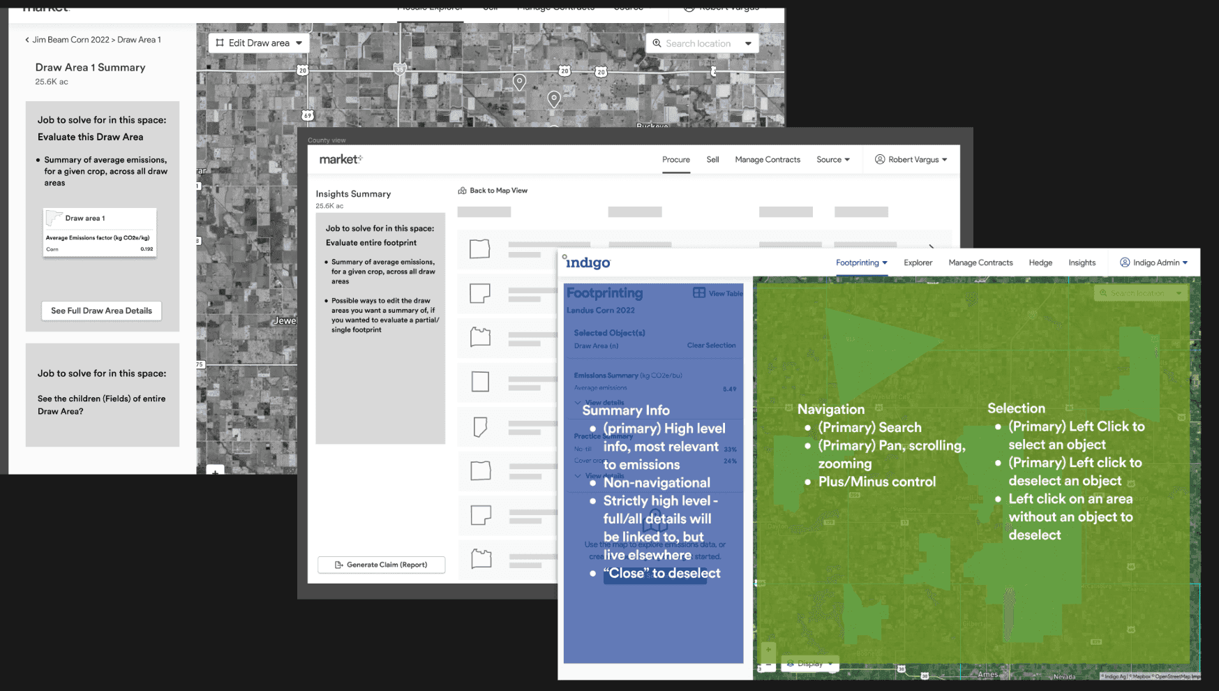 Indigo Footprinting and Market+ UI: map draw areas alongside list and insights summary